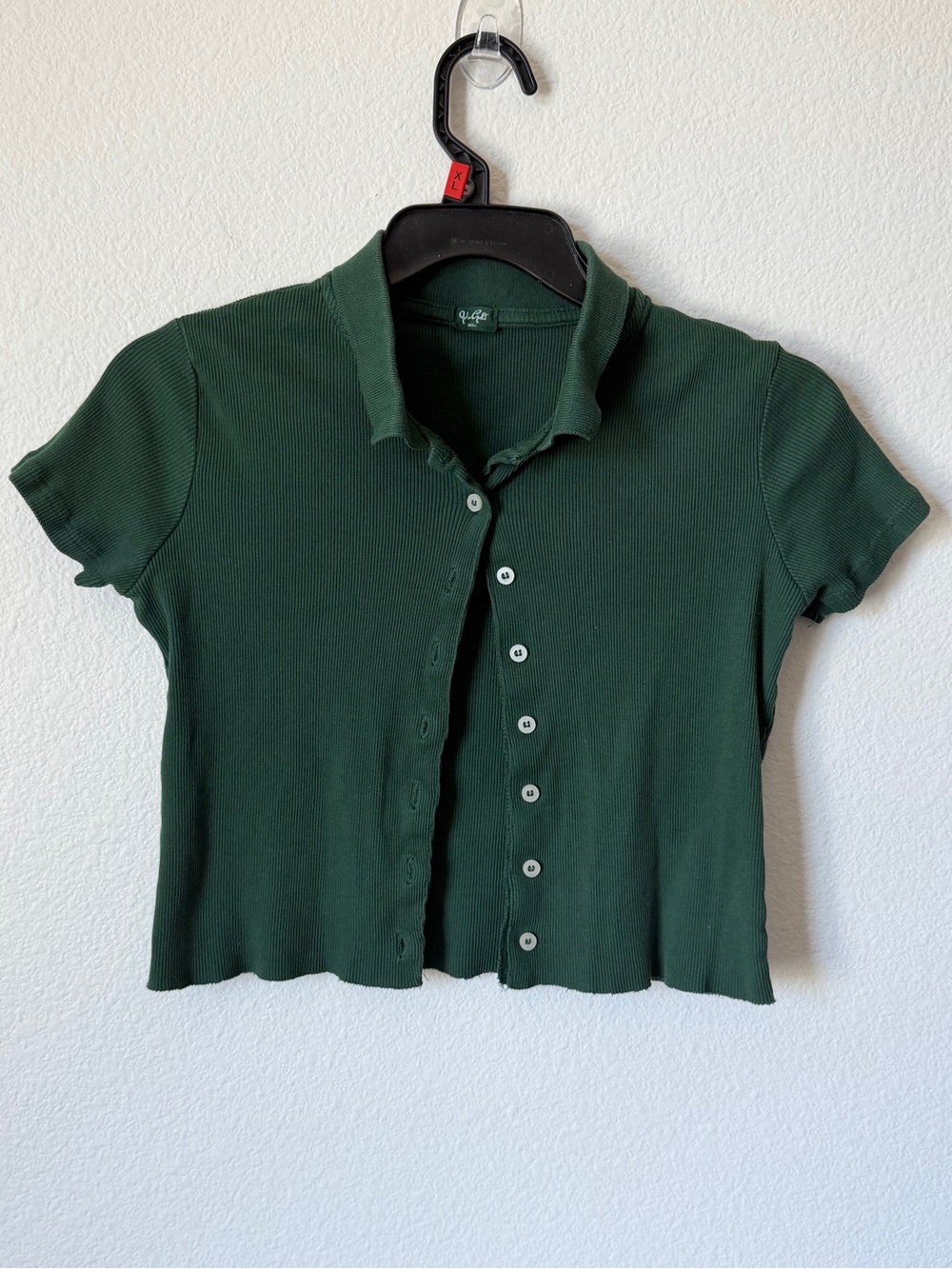 Brandy Melville Dark Green Ribbed Polo Button Down Crop Top
